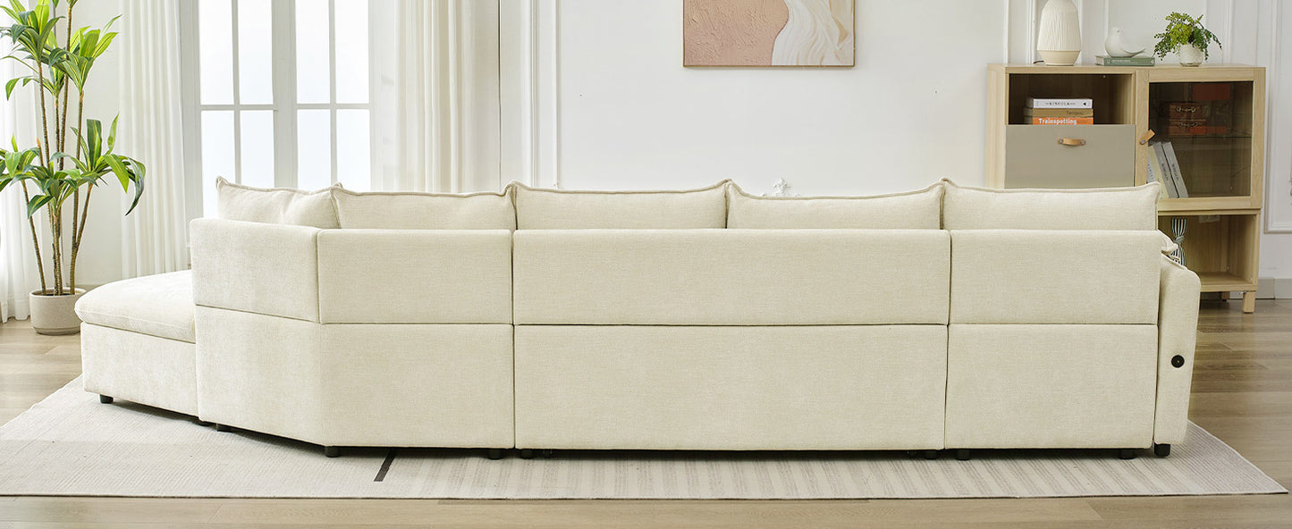 146.9" L-shaped Sofa Sectional Sofa Couch Pull-out Sofa Bed with a Movable Storage Ottoman, a Storage Chaise Lounge and Two USB Ports for Living Room, Beige