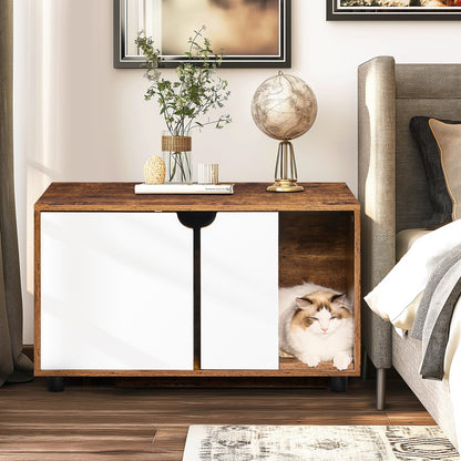 Cat Litter Box Enclosure, Hidden Cat Washroom, Kitty End Table, Furniture Style with Double Doors,White+Vintage