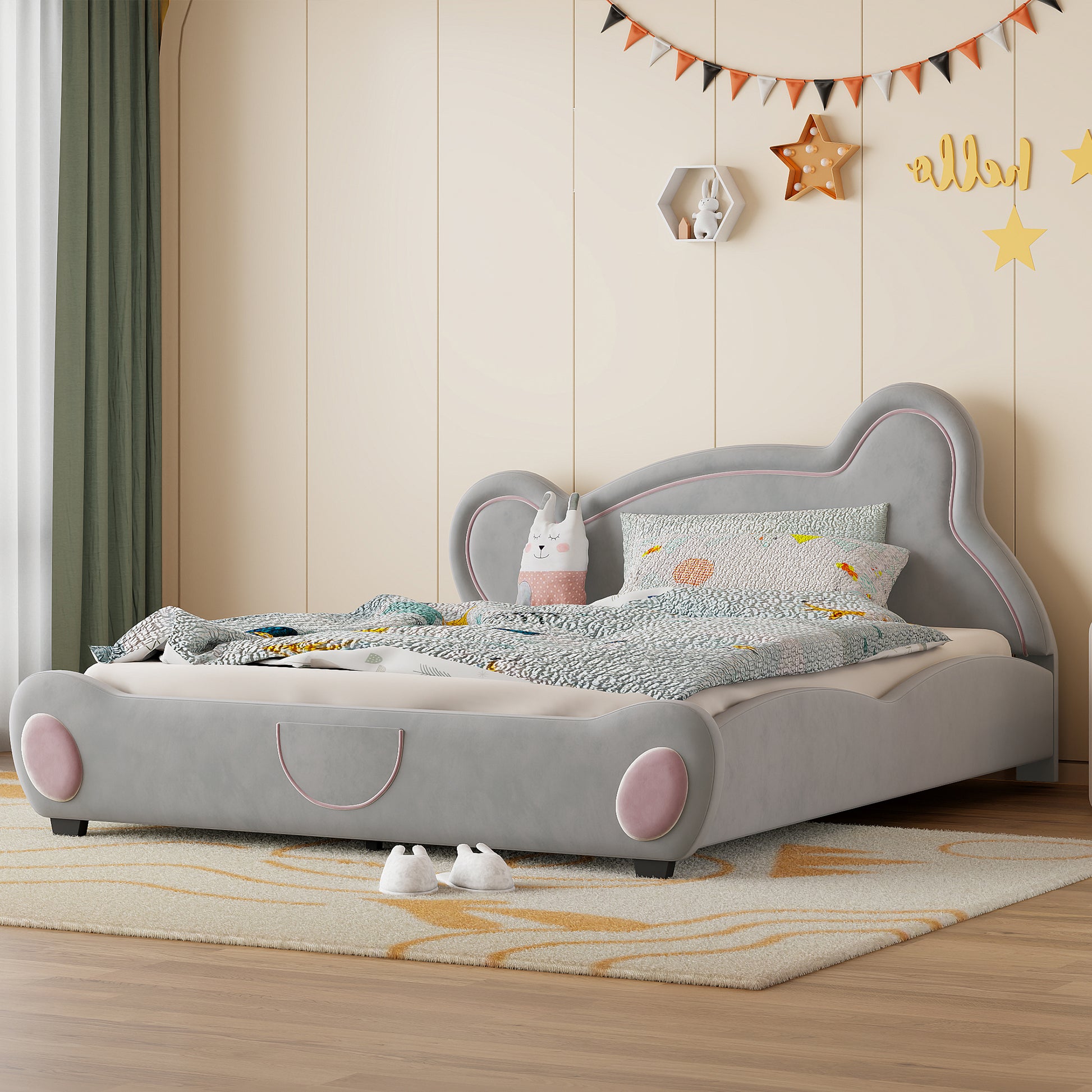 Queen Size Velvet Platform Bed with Bear-Shaped Headboard, with Drawers, with Bed-End Storage Pocket, Gray