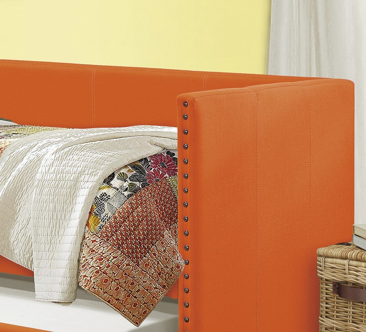 Orange Fabric Upholstered 1pc Day Bed with Pull-out Trundle Nailhead Trim Wood Frame Furniture