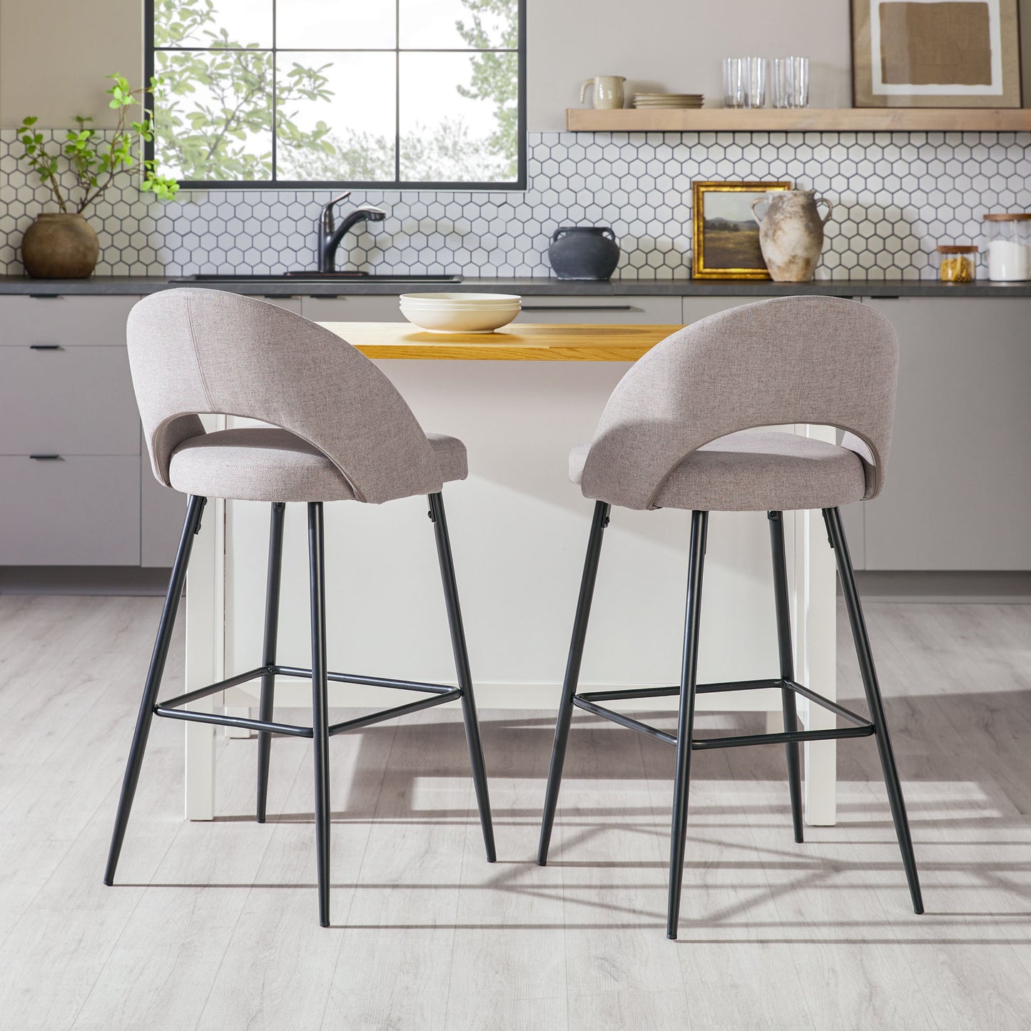 Modern 2-Piece Minimalist Upholstered Bar Stool Set – Mushroom