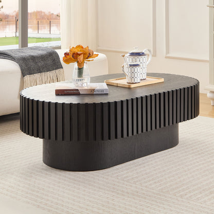 43.70 Inch Modern Handcraft Drum Coffee Table Oval Coffee Table for Living Room,Small Wooden Coffee Table with Sturdy Pedestal for Office,Black