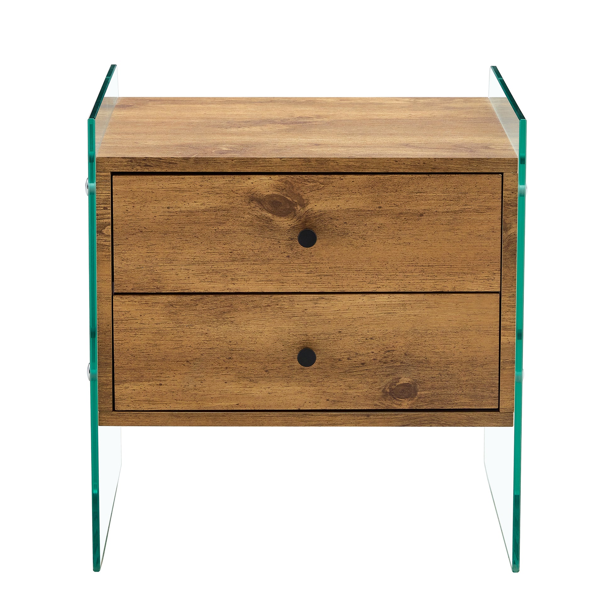 Double-drawer bedside table. The board surface is MDF sticker, and both sides are transparent tempered glass. The design is simple and elegant, with excellent storage functions.