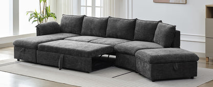 146.9" L-shaped Sofa Sectional Sofa Couch Pull-out Sofa Bed with a Movable Storage Ottoman, a Storage Chaise Lounge and Two USB Ports for Living Room, Grey