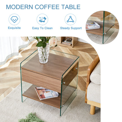 Bedside table with drawers. The board surface is MDF sticker, and both sides are transparent tempered glass. The design is simple and elegant, with excellent storage functions.