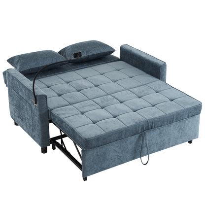 56.9" Loveseat Sofa Pull-out Sofa Bed Sleeper Sofa with a Reversible Backrest Cushion, Side Pockets, Two USB Ports and a Phone Holder for Living Room, Blue