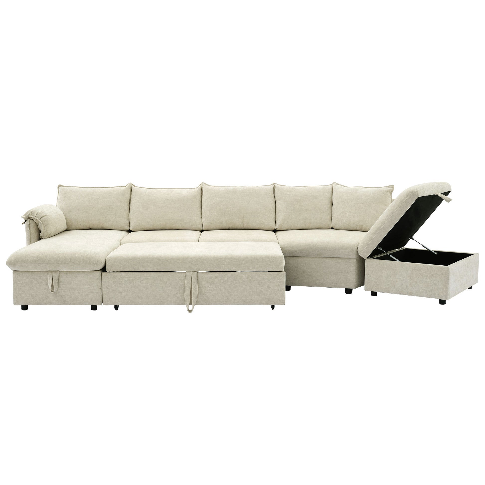 146.9" L-shaped Sofa Sectional Sofa Couch Pull-out Sofa Bed with a Movable Storage Ottoman, a Storage Chaise Lounge and Two USB Ports for Living Room, Beige