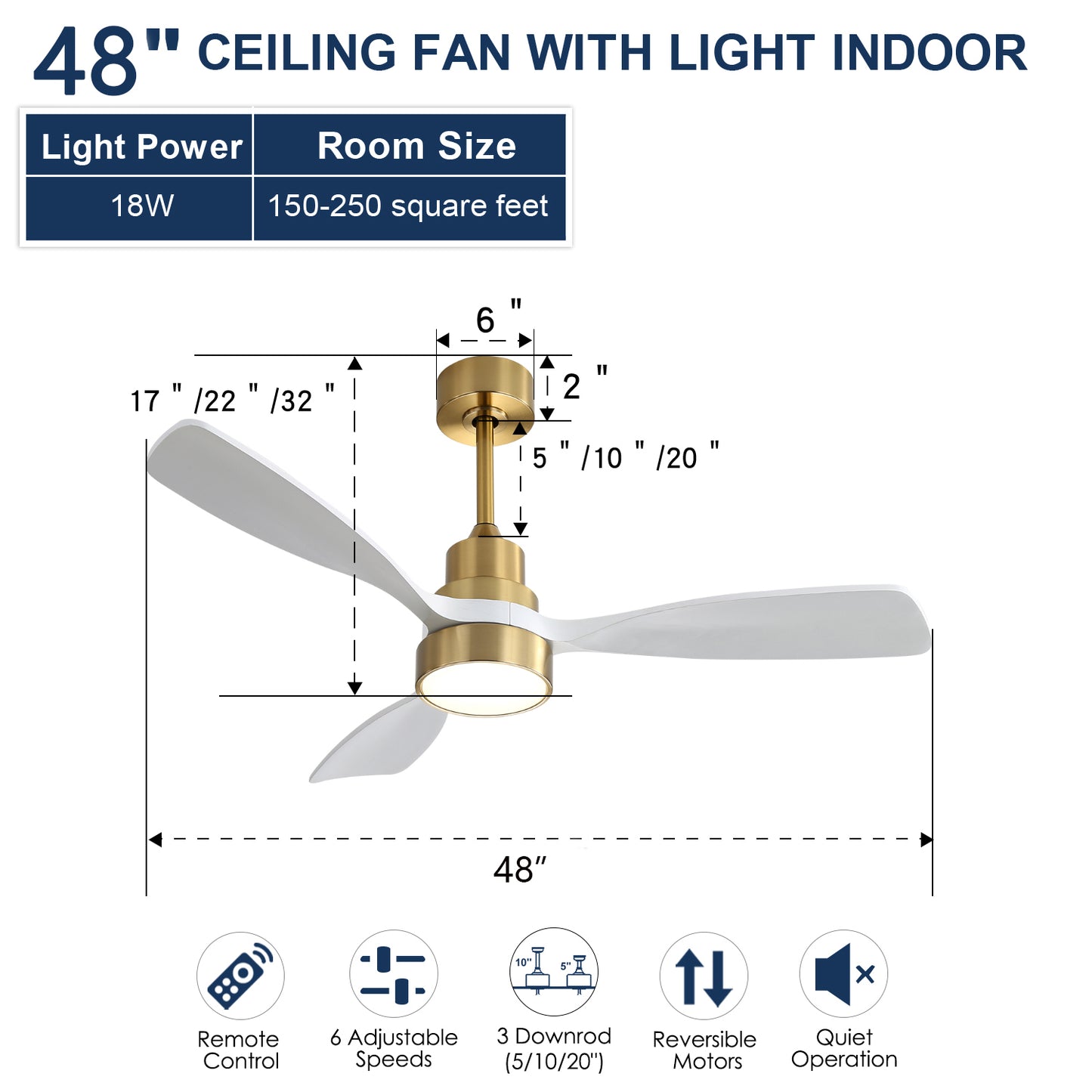 48 Inch Wood Ceiling Fan With 3 Solid Wood Blades Remote Control Reversible DC Motor For Living Room