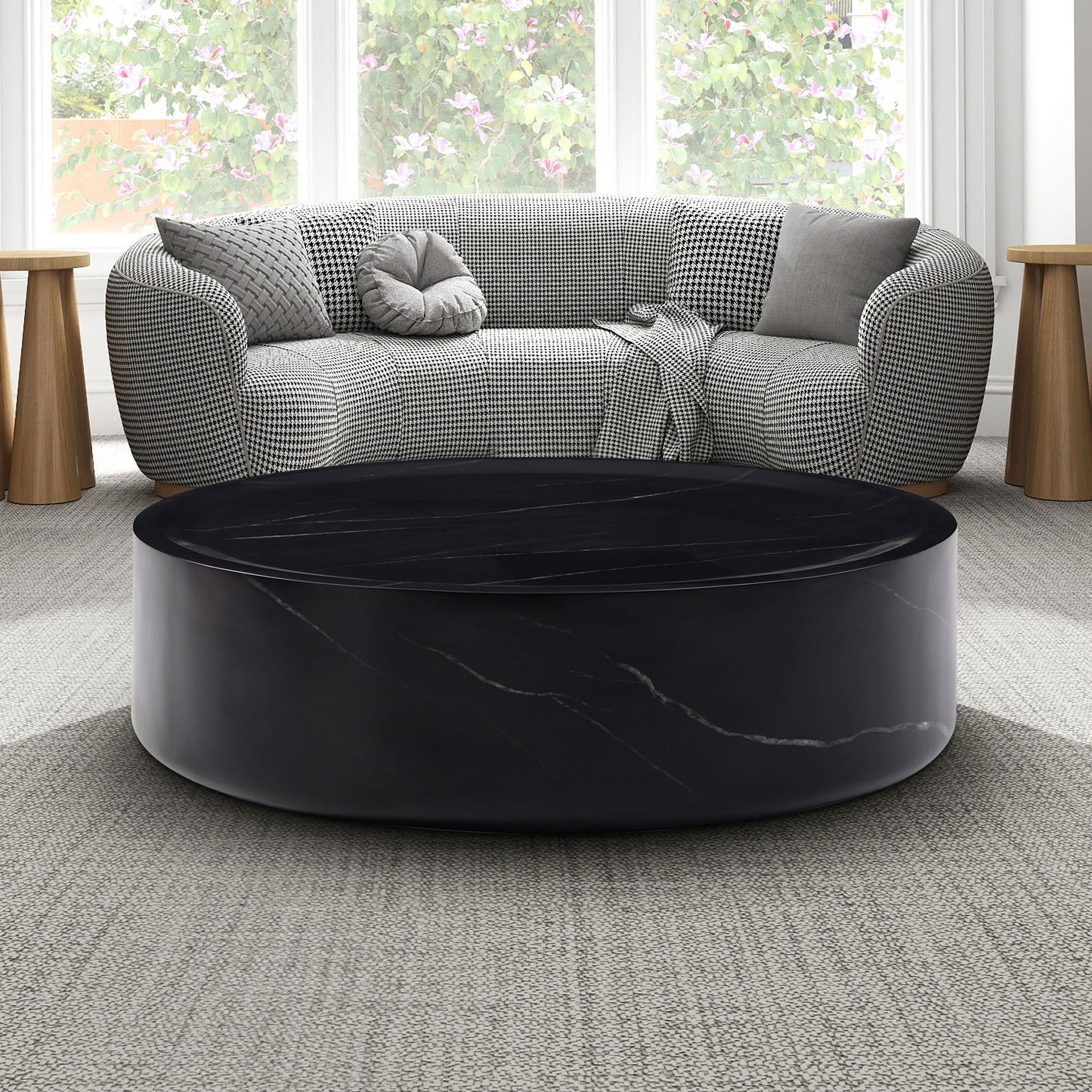 39.37'' Black Marble Round Coffee Table Sturdy Fiberglass table for Living Room ,No Need Assembly.