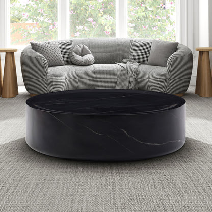 35.43'' Black Marble Round Coffee Table,Simple Modern Center Cocktail Table  for Living Room office,No Need Assembly.