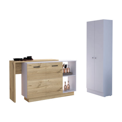 White and Light Oak 4-Door 2-piece Kitchen Set, Kitchen Island and Pantry Cabinet