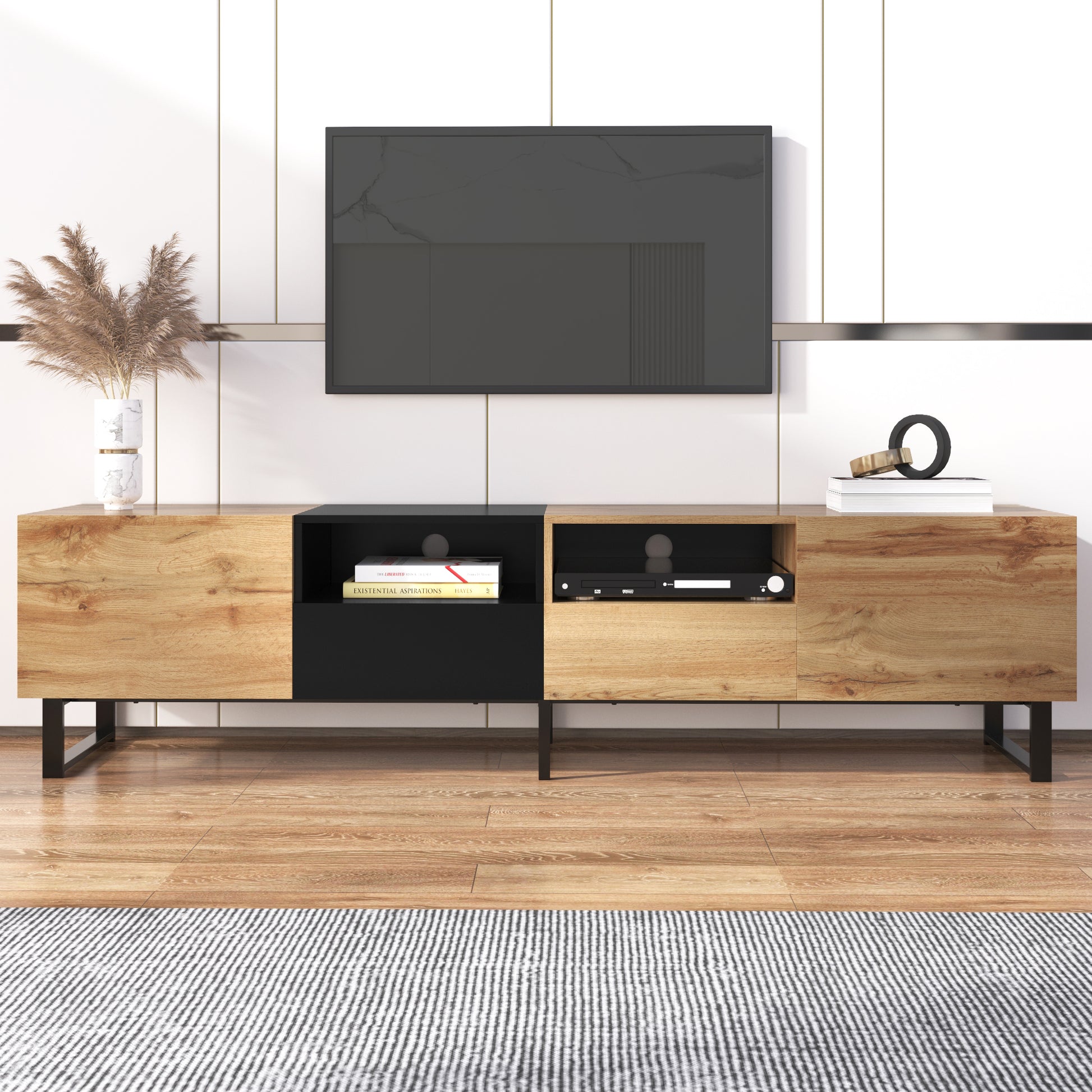 Modern TV Stand with 2 Cabinets& Open Storage Compartment, Color-matching Media Console Table for TVs up to 85'', Entertainment Center with Drop Down Door for Living Room, Bedroom, Home Theatre