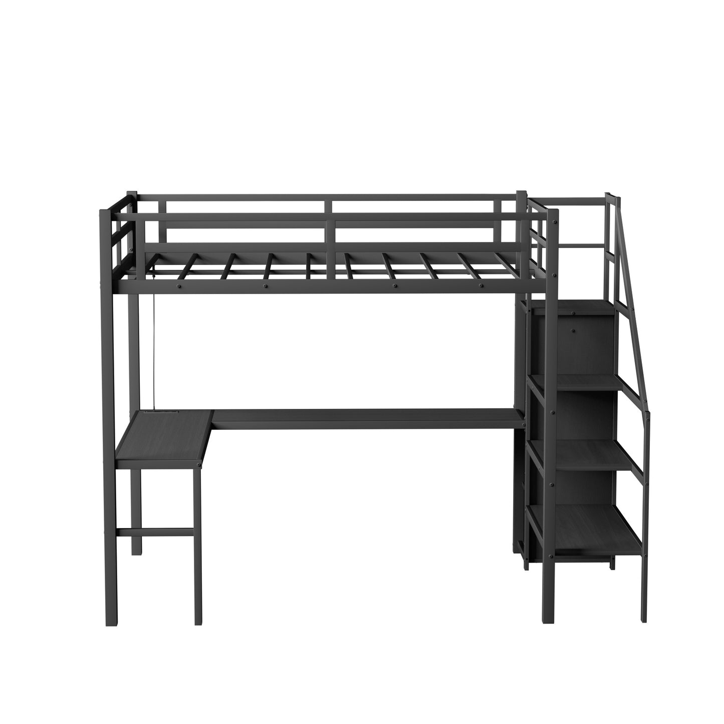 Full Size Loft Bed with L-shaped Desk and USB, Metal Loft Bed with Wardrobe and Adjustable Shelf, High Loft Bed with LED for Kids Teens Adults, Black