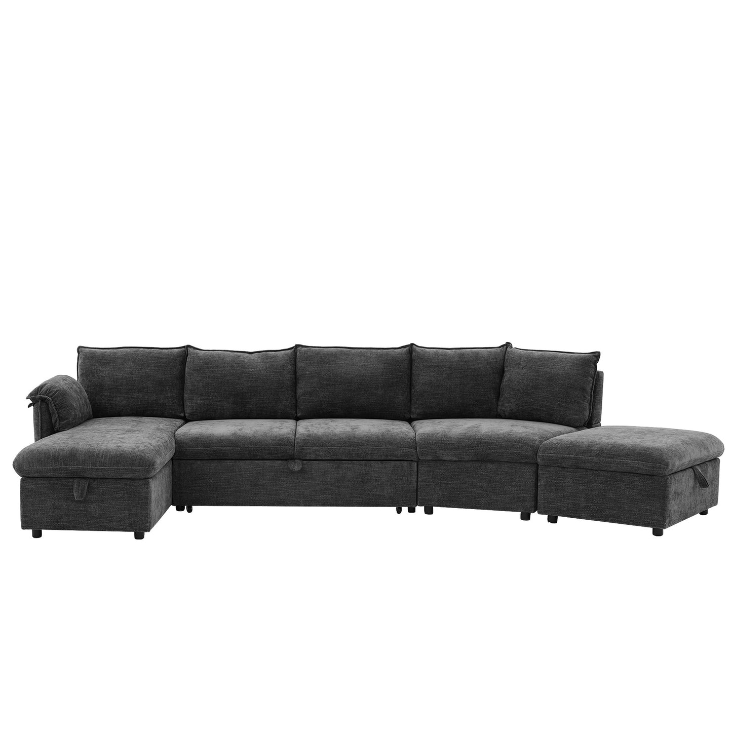 146.9" L-shaped Sofa Sectional Sofa Couch Pull-out Sofa Bed with a Movable Storage Ottoman, a Storage Chaise Lounge and Two USB Ports for Living Room, Grey