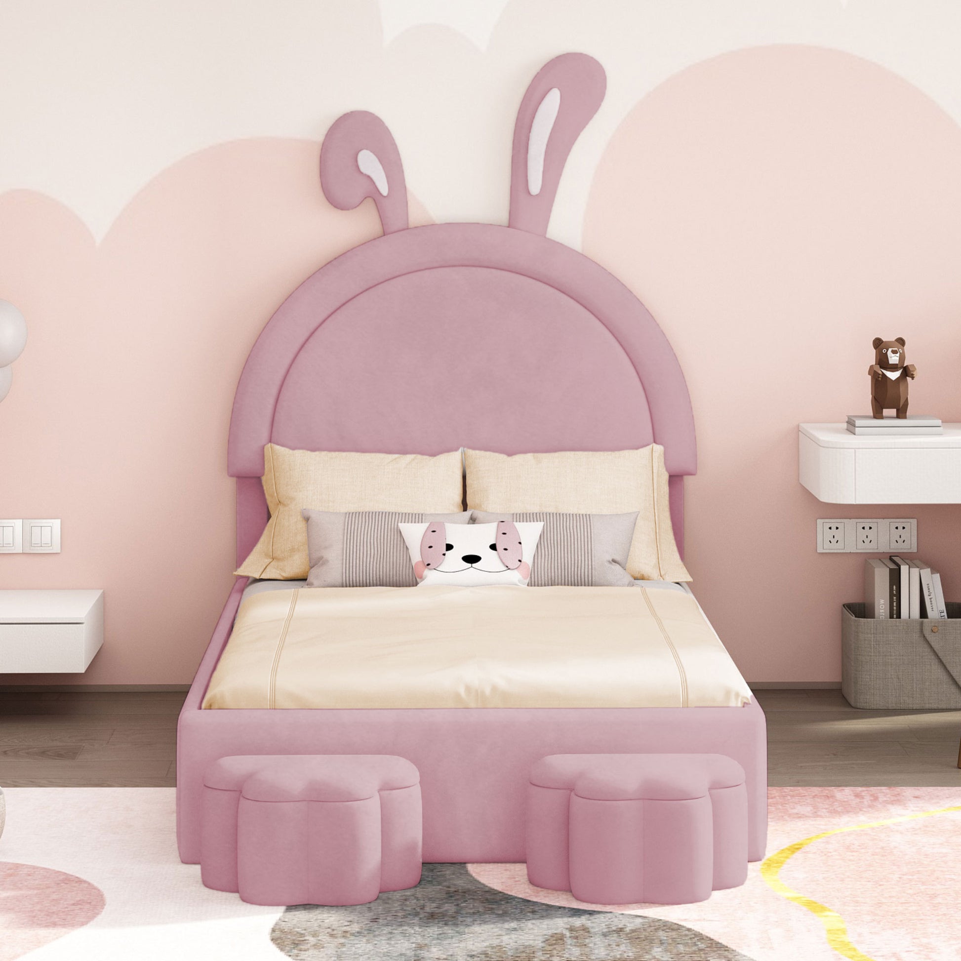 Twin size Upholstered Rabbit-Shape Bed with 2 Storage Stools, Velvet Platform Bed with Cartoon Ears Shaped Headboard, Pink