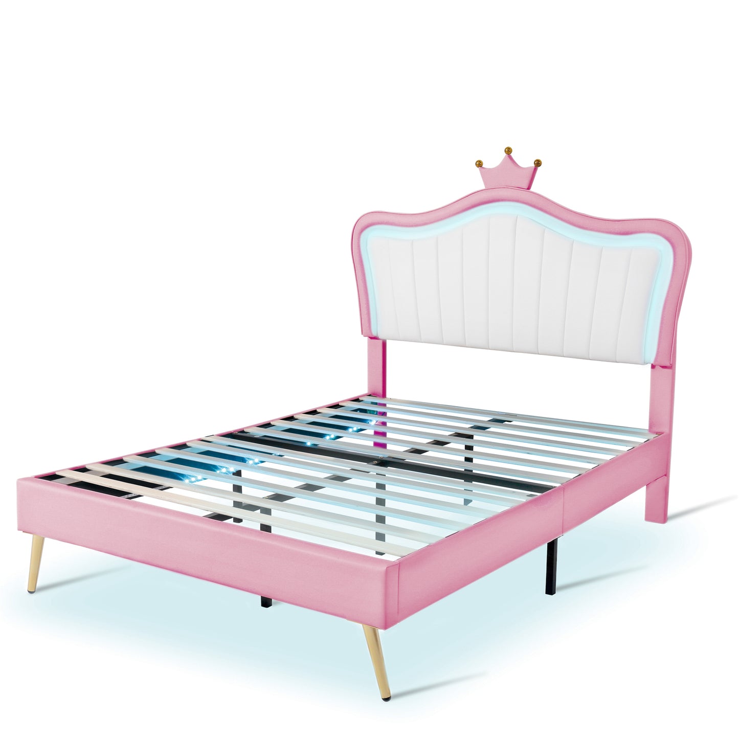 Full Size Upholstered Bed Frame with LED Lights,Modern Upholstered Princess Bed With Crown Headboard,White+Pink