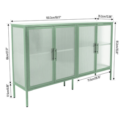 Stylish 4-Door Tempered Glass Cabinet with 4 Glass Doors Adjustable Shelf and Feet Anti-Tip Dust-free Fluted Glass Kitchen Credenza Light Green