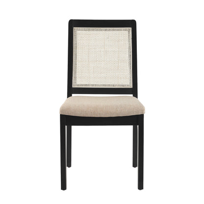 Modern Solid Wood Dining Chair with Rattan Inset Back, Set of 2, Black