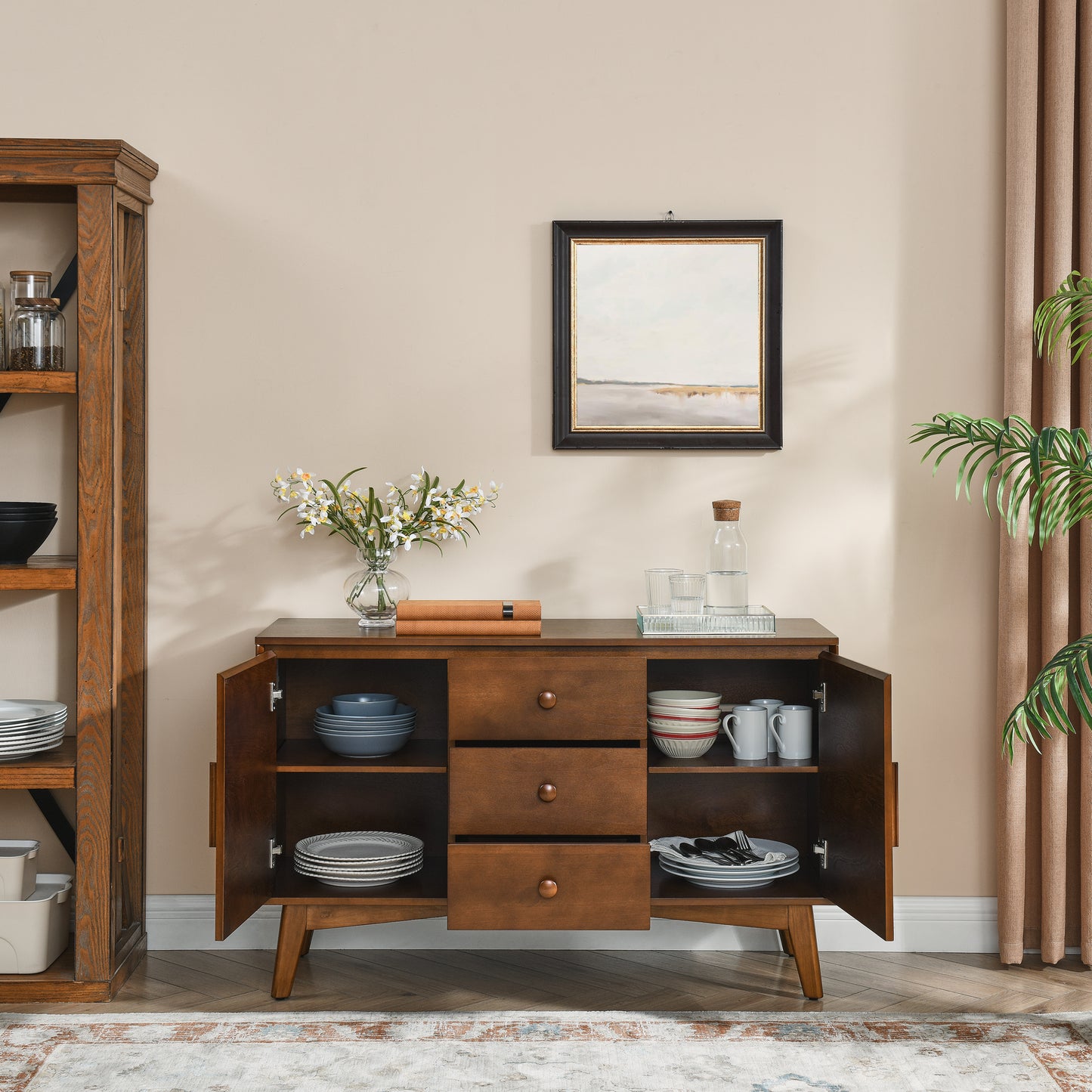 47.3" Mid Century Modern Sideboard Buffet Cabinet with Storage, Storage Cabinet with 2 Doors and 3 Drawers for Kitchen Dining Living Room Bedroom, Accent Console Table, Walnut