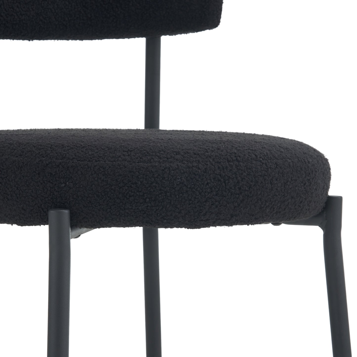 Set of 2 mid-century modern dining chairs - Teddy fabric upholstery - Curved back - Metal frame - Black | Elegant and comfortable kitchen chairs