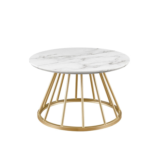 Modern Round Coffee Table with Metal Base – White Marble / Gold