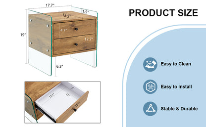 Double-drawer bedside table. The board surface is MDF sticker, and both sides are transparent tempered glass. The design is simple and elegant, with excellent storage functions.