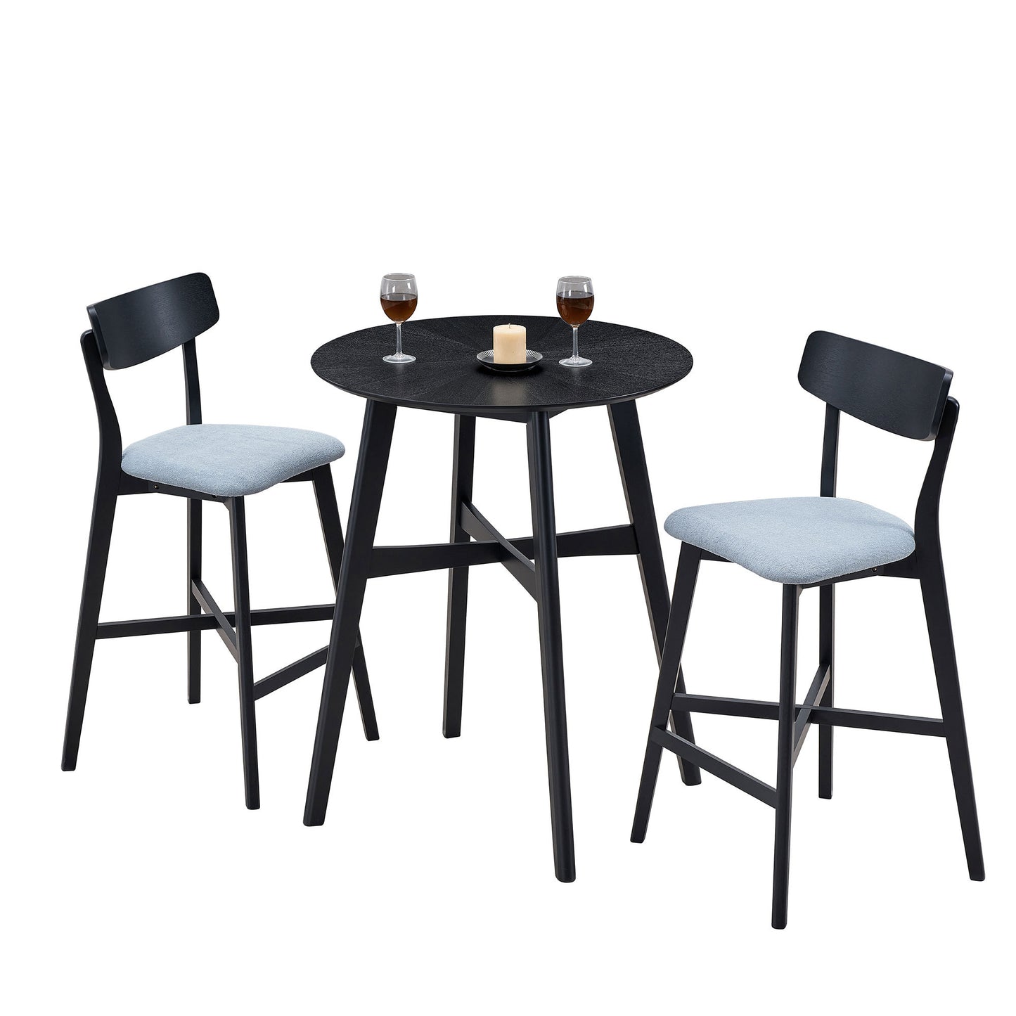 3 Pieces Bar Table Set,Modern Round Counter Height Pub Table, Wooden High Top with Bar Stools Pub Dining Set for Kitchen,Restaurant,Cocktail Bar,Black