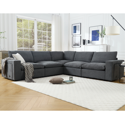 [NEW ARRIVED] [VIDEO PROVIDED]Sectional Couches For Living Room,Modular Couch,Wireless Charging Port & Cup Holders,5-seat ,DIY Combination,L-shaped Sofa,Book Storage Space,Soft Linen Fabric,Gray