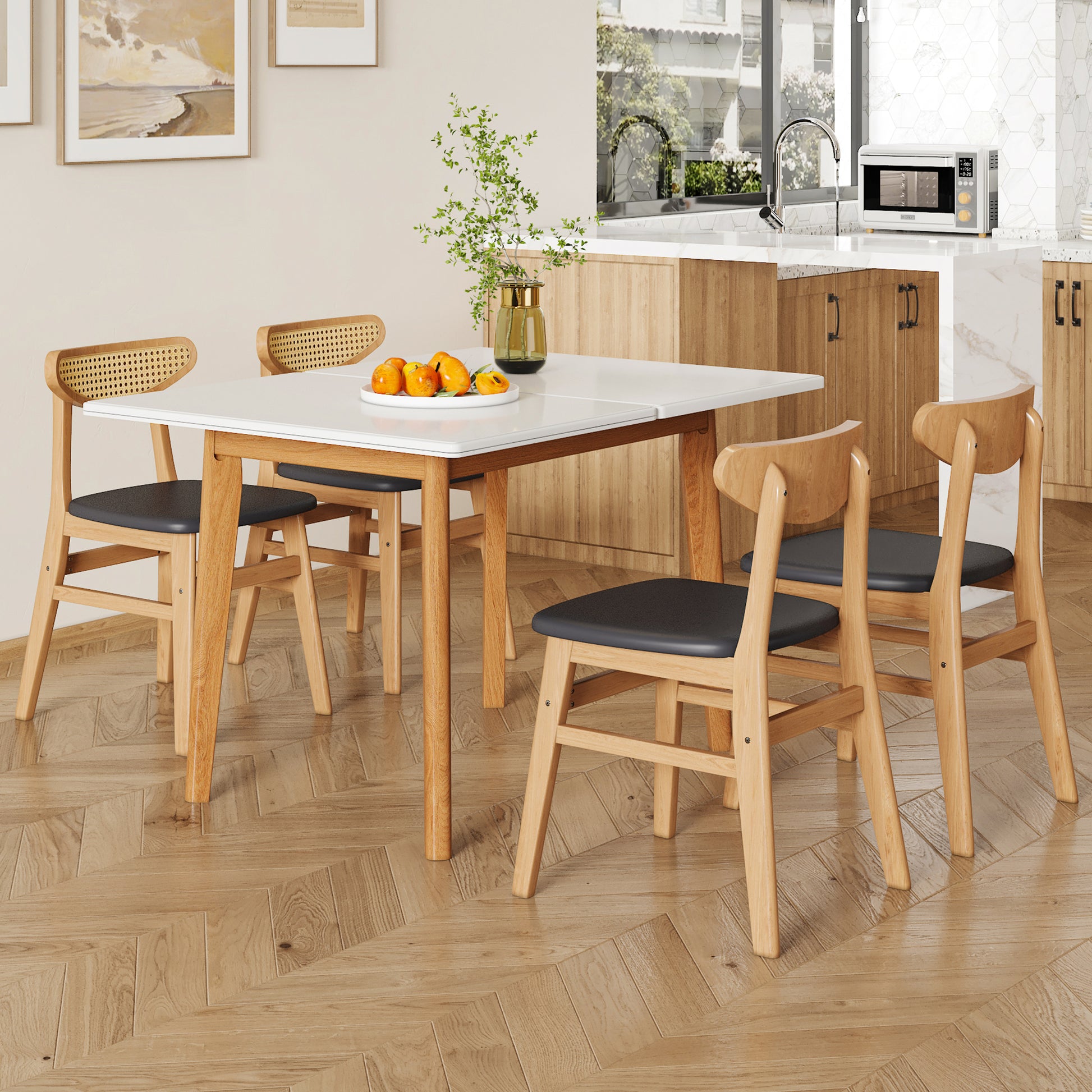 Table and chair set. White sintered stone tabletop, rubberwood legs, foldable computer desk, foldable desk. Solid wood dining chair with small curved backrest and PU cushions. ZD-1545 DX-2361