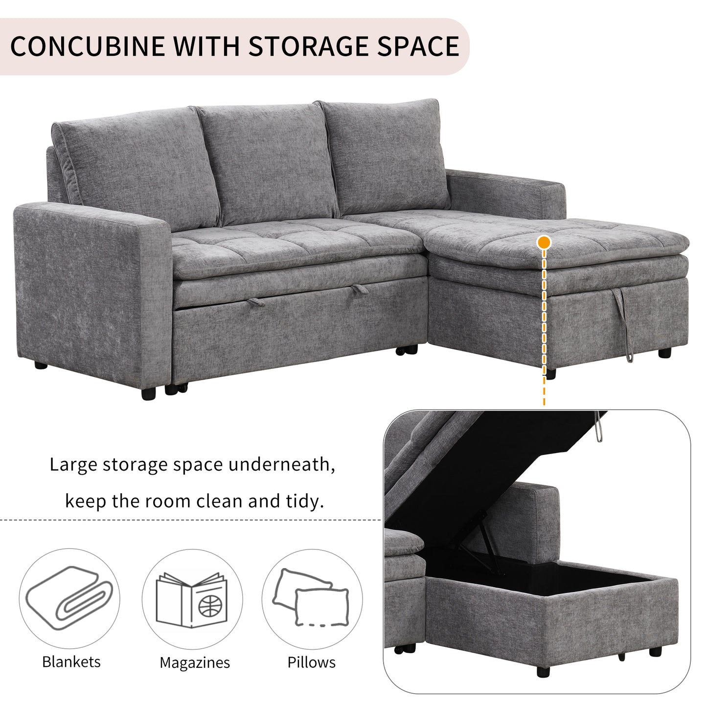 U_STYLE  Soft Upholstered Sectional Sofa Bed with Storage Space, Suitable for Living Rooms and Apartments.