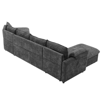 146.9" L-shaped Sofa Sectional Sofa Couch Pull-out Sofa Bed with a Movable Storage Ottoman, a Storage Chaise Lounge and Two USB Ports for Living Room, Grey