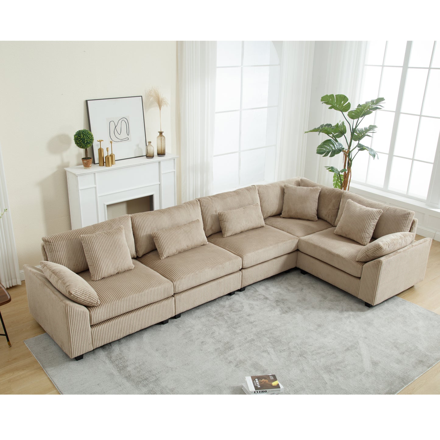 {NEW ARRIVAL}{ VIDEO PROVIDED} Oversized Modular Sectional Sofa Couches Set,Corduroy Upholstered Deep Seat Comfy Sofa for Living Room ,5 Seat ,Brown