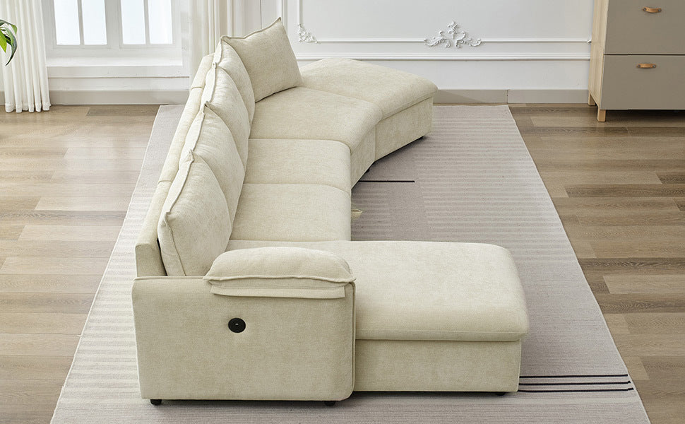 146.9" L-shaped Sofa Sectional Sofa Couch Pull-out Sofa Bed with a Movable Storage Ottoman, a Storage Chaise Lounge and Two USB Ports for Living Room, Beige