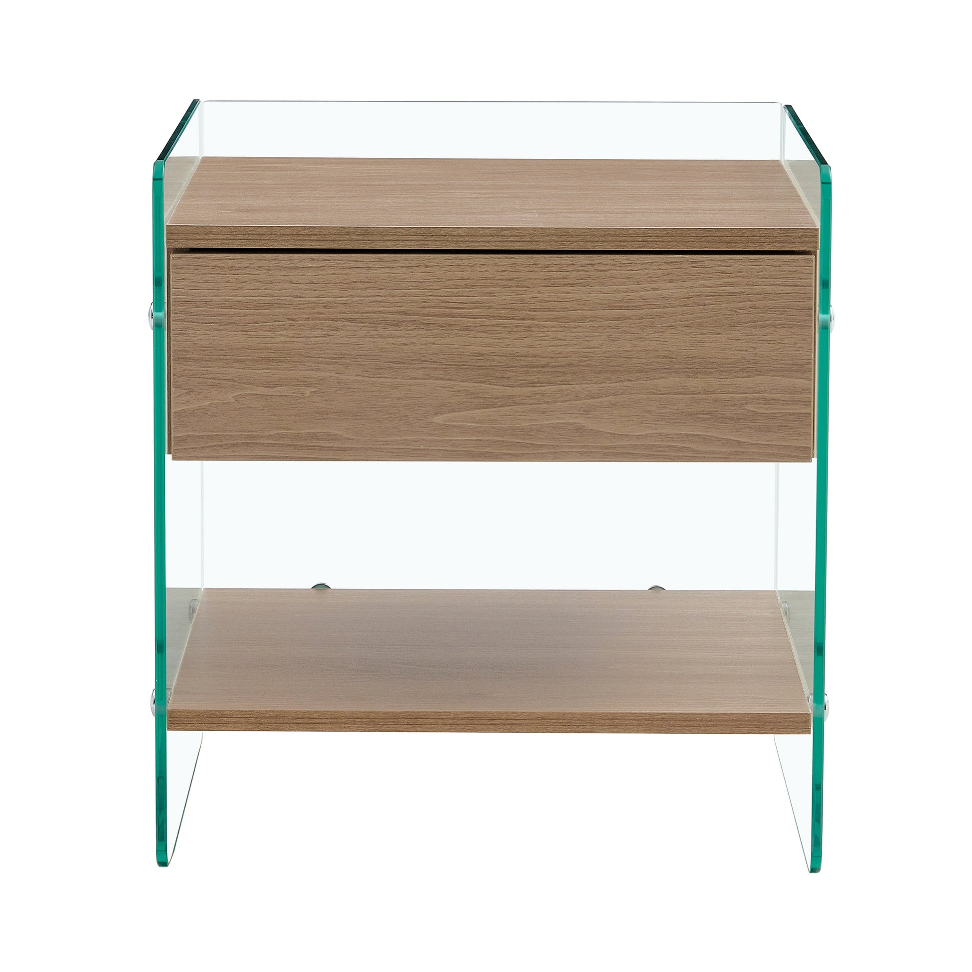 Bedside table with drawers. The board surface is MDF sticker, and both sides are transparent tempered glass. The design is simple and elegant, with excellent storage functions.