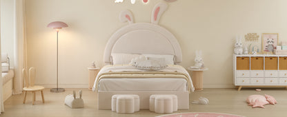 Full size Upholstered Rabbit-Shape Bed with 2 Storage Stools, Velvet Platform Bed with Cartoon Ears Shaped Headboard, White