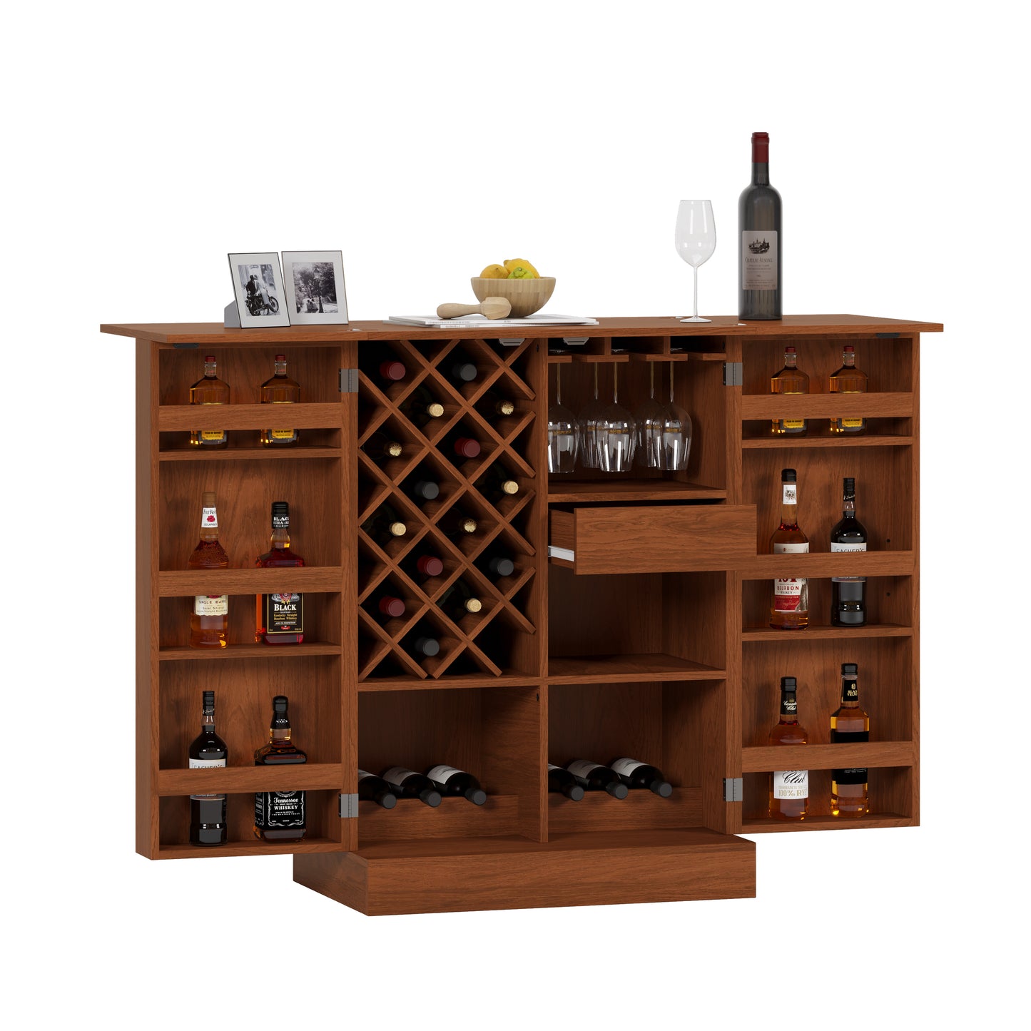 41.9" Home Bar Cabinet, Industrial Walnut Rattan Door Fold Out Bar Cabinet with Storage Bar Table