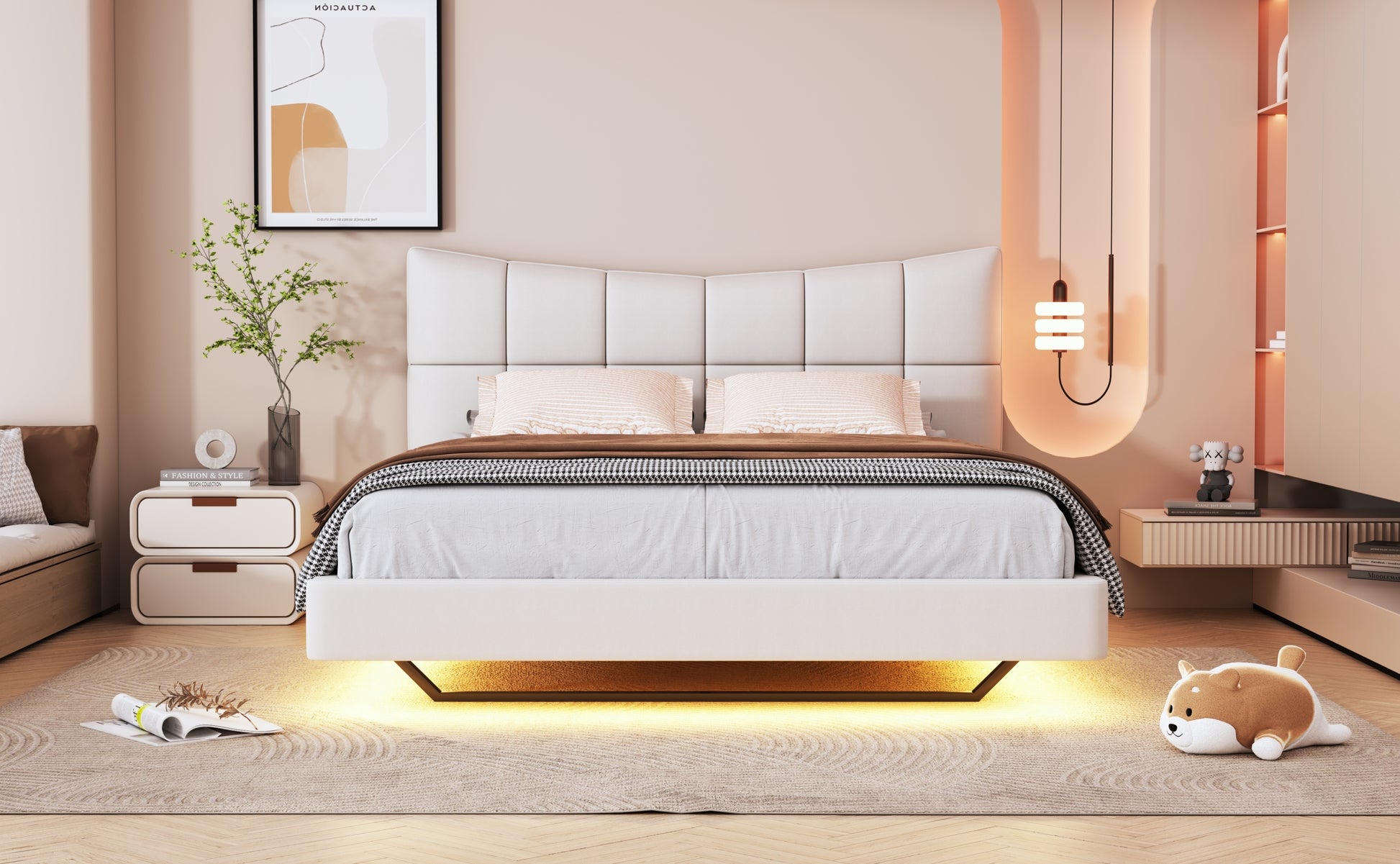 Full Size Upholstered Platform Bed with LED Lights,USB Ports and Outlets,Linen Fabric,Beige