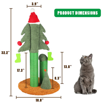 32'' Cat Scratching Post, Tall Christmas Tree Cat Scratcher with 3 Posts and Cute Dangling Teaser Balls, Natural Sisal Rope Cat Toys for Kitty and Adult Cats