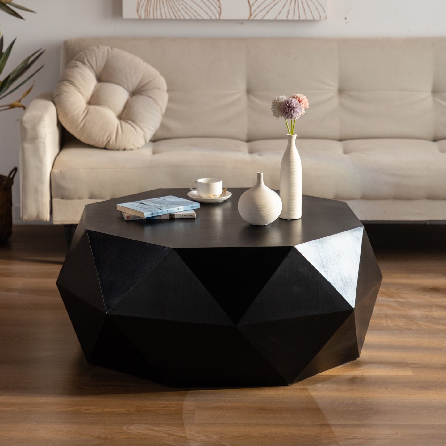 38"Three-dimensional Embossed Pattern Design American Retro Style Coffee Table,Black Tabletop