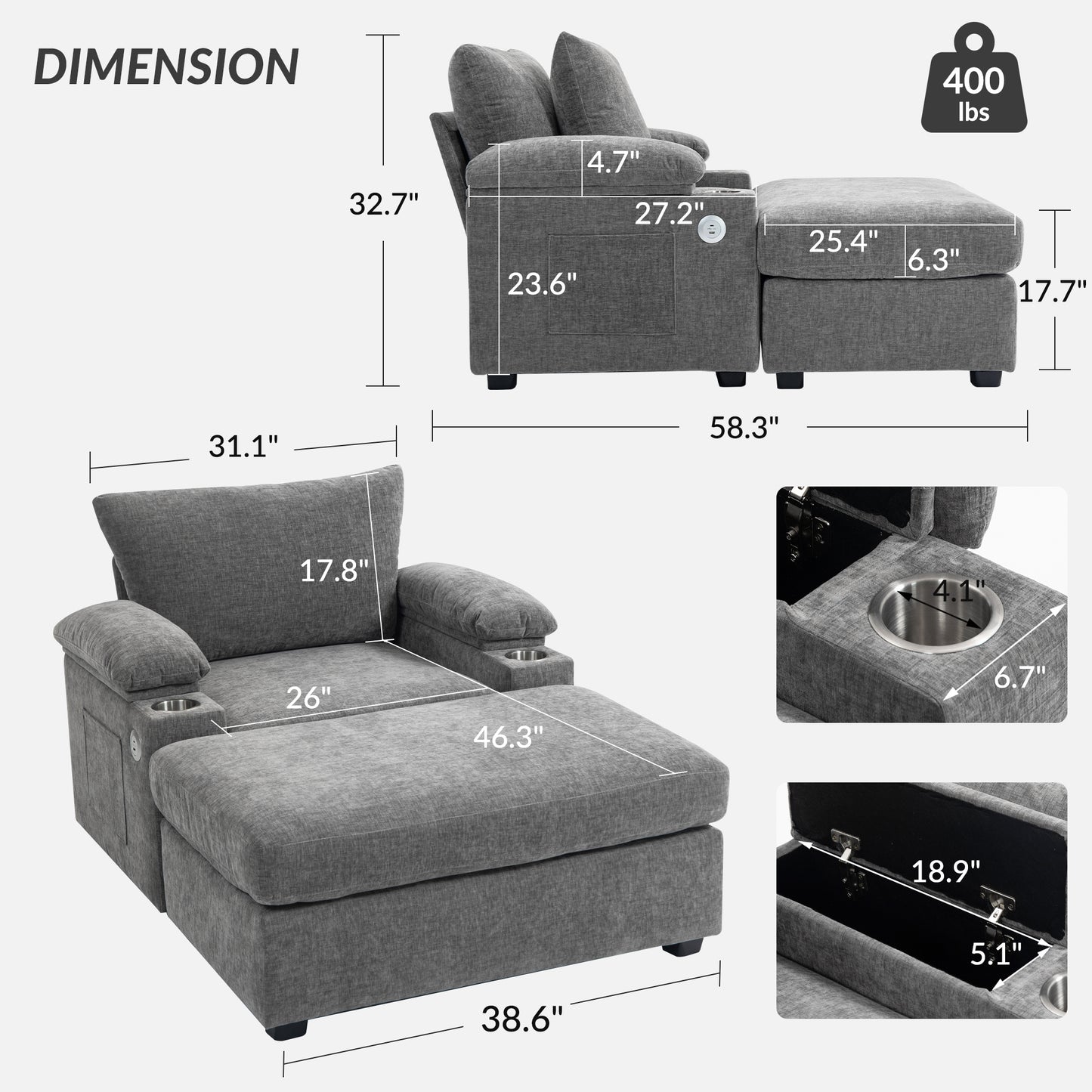 Modern Oversized Chair with Ottoman,Chenille Fabric Sofa Bed,Accent Chair Comfy Sofa with Cupholders and USB Charging Ports Chair for Living Room,Bedroom,Apartment