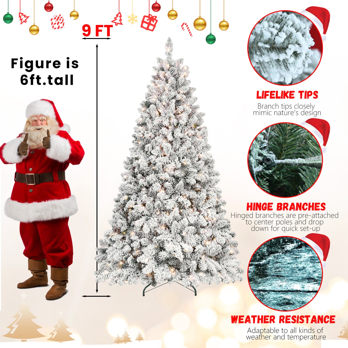 9FT Snow-Flocked Artificial Christmas Tree with Pine Cones, Prelit Xmas Trees, Hinged Easy Assembly & Reinforced Metal Base - Ideal for Indoor & Outdoor Festive Decorations