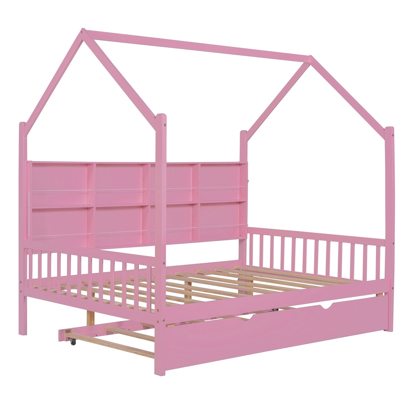 Wooden Full Size House Bed with Trundle,Kids Bed with Shelf,Pink