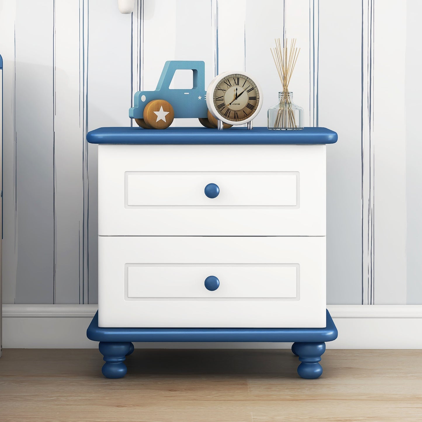 Wooden Nightstand with Two Drawers for Kids,End Table for Bedroom,White+Blue