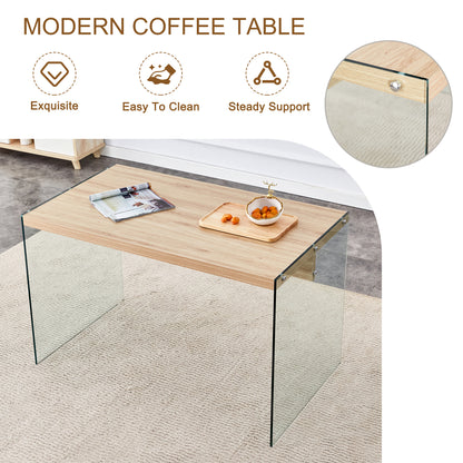 The top of the coffee table is made of medium density fiberboard and wooden stickers, with transparent tempered glass on both sides. The design is simple and elegant, with a sturdy structure.