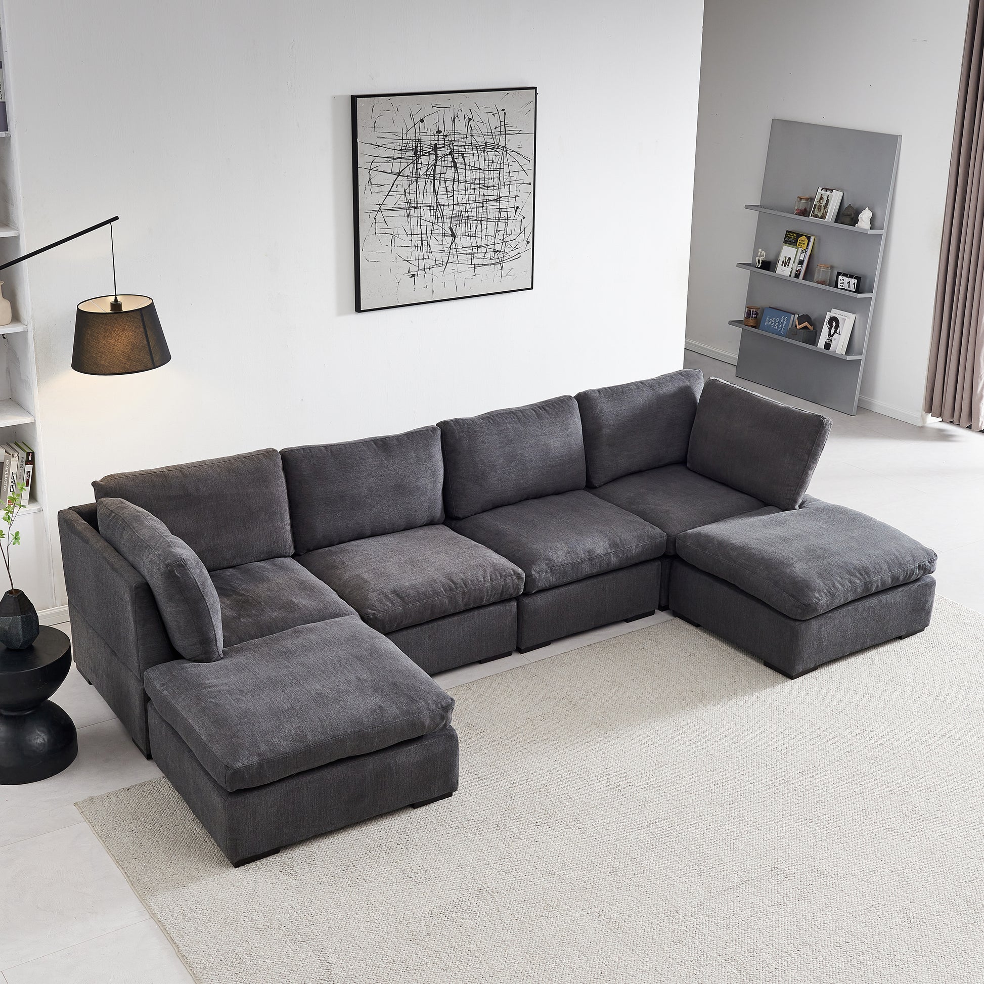 Modular Sofa with Ottoman,Filled with Down ,Soft Linen Fabric,Dark Grey