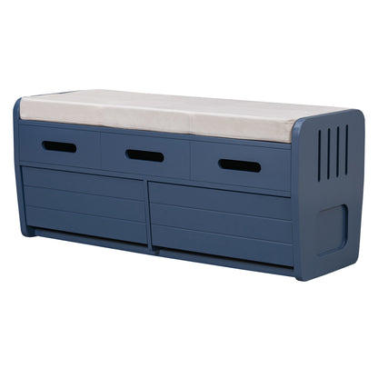 TREXM Rustic Storage Bench with 2 Drawers, Hidden Storage Space, and 3 False Drawers at the Top, Shoe Bench for Living Room, Entryway (Navy)