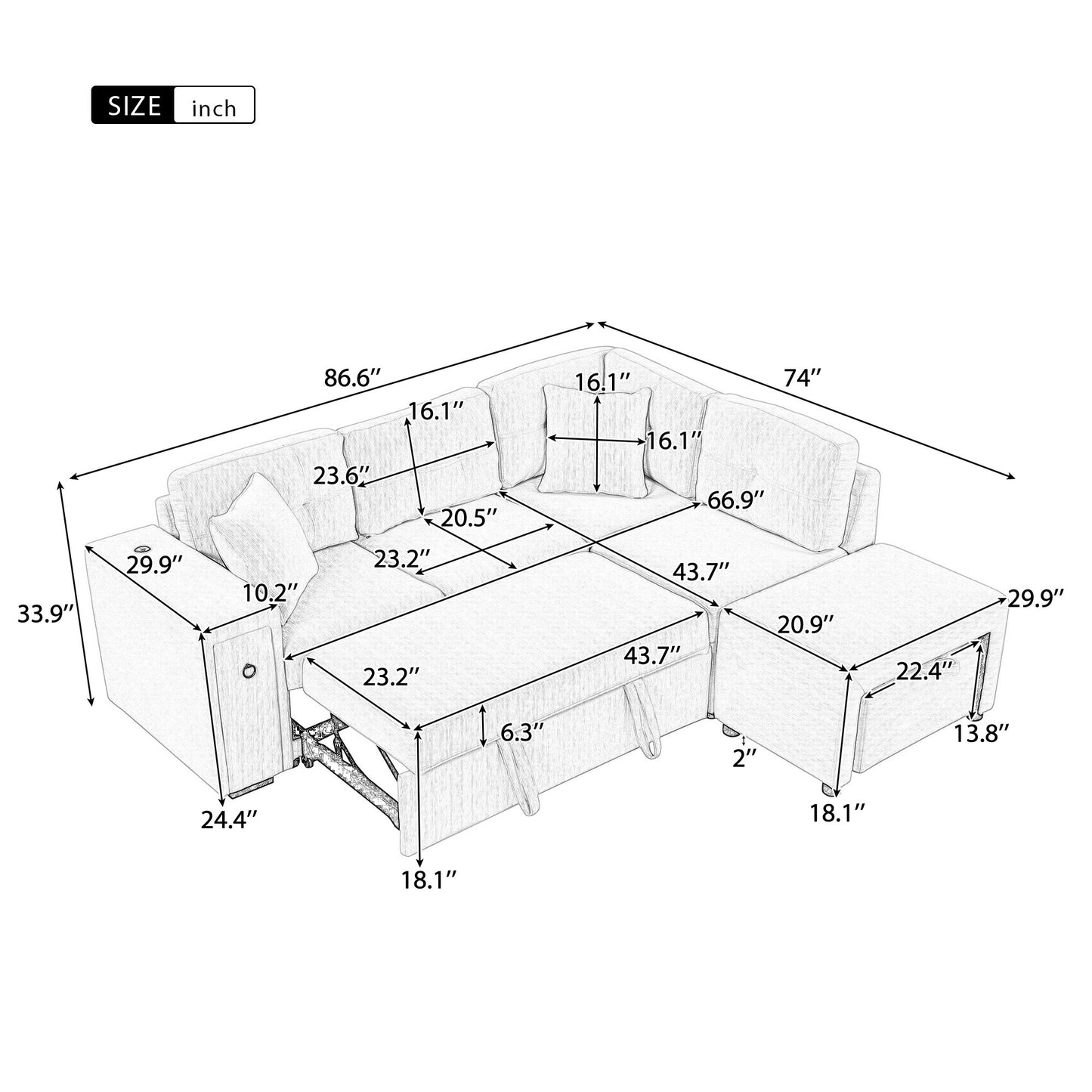 86.6" Sectional Sofa L-shaped Sofa Couch Pull-out Sofa Bed with a Movable Ottoman, Two USB Ports  and Two Cup Holders for Living Room, Beige