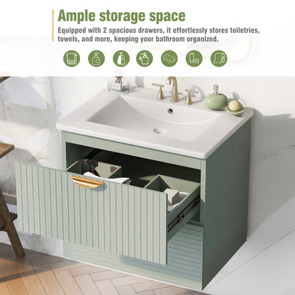 Modern 24-Inch Wall-Mounted Bathroom vanity with 2 Drawers, Green - Ideal for Small Bathrooms