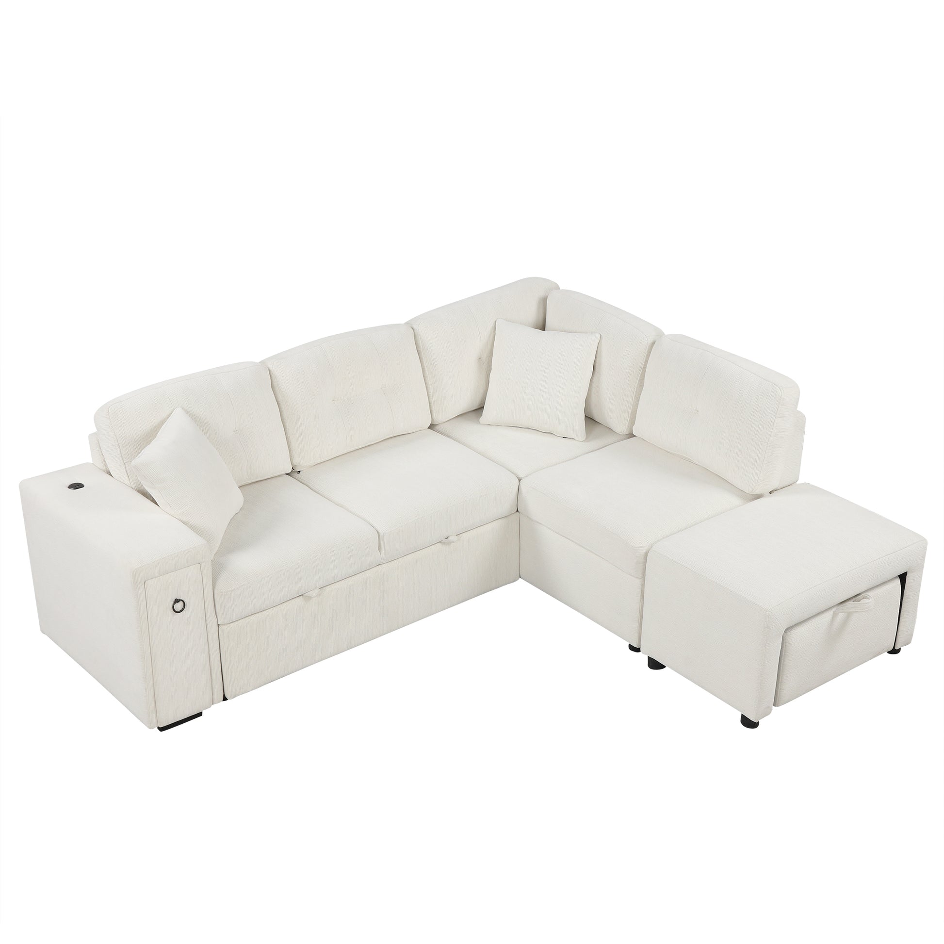 86.6" Sectional Sofa L-shaped Sofa Couch Pull-out Sofa Bed with a Movable Ottoman, Two USB Ports  and Two Cup Holders for Living Room, Beige