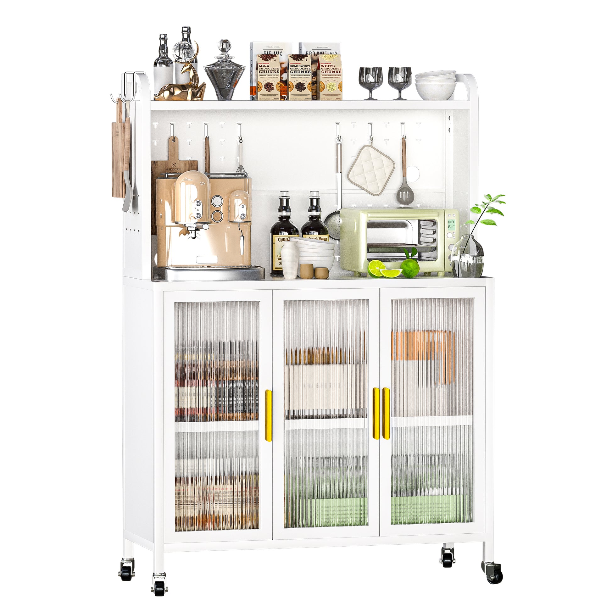 Carbon steel Kitchen Storage Cabinets, Microwave Stand, Bakers Racks for Kitchens with Storage, Microwave cart, Transparent Flap Door Design Kitchen Storage Shelves Free screws  - 4 Tiers White